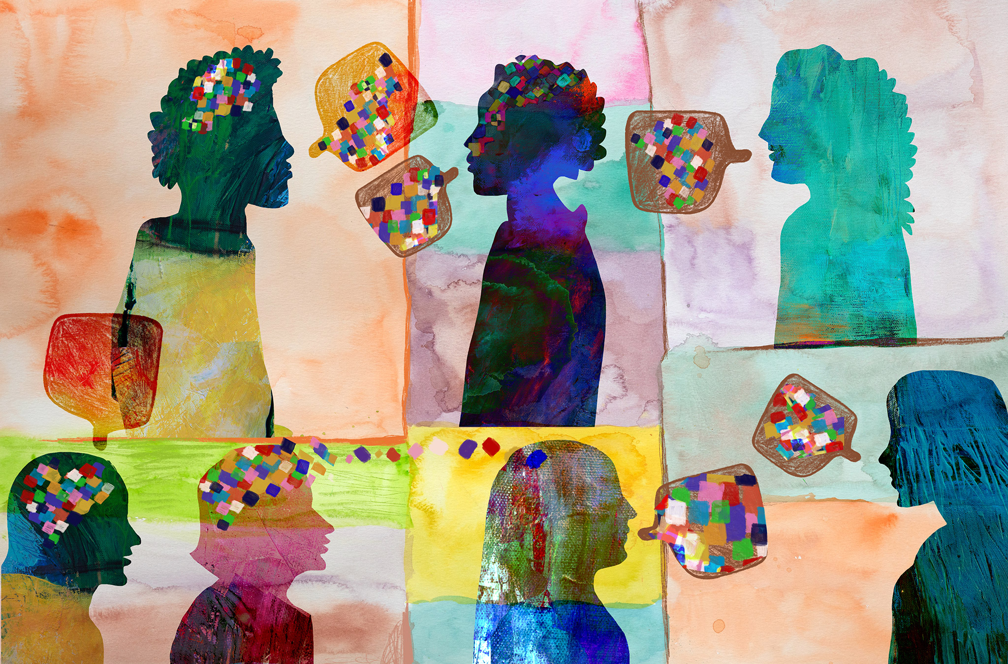 Menschen mit Sprechen, Denken, Kommunizieren mittels Sprechblasen